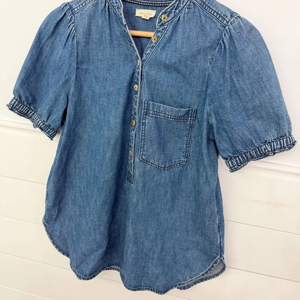 Women’s Anthropologie Pilcro Denim Popover Balloon Sleeve Blouse Top S - Picture 4 of 5